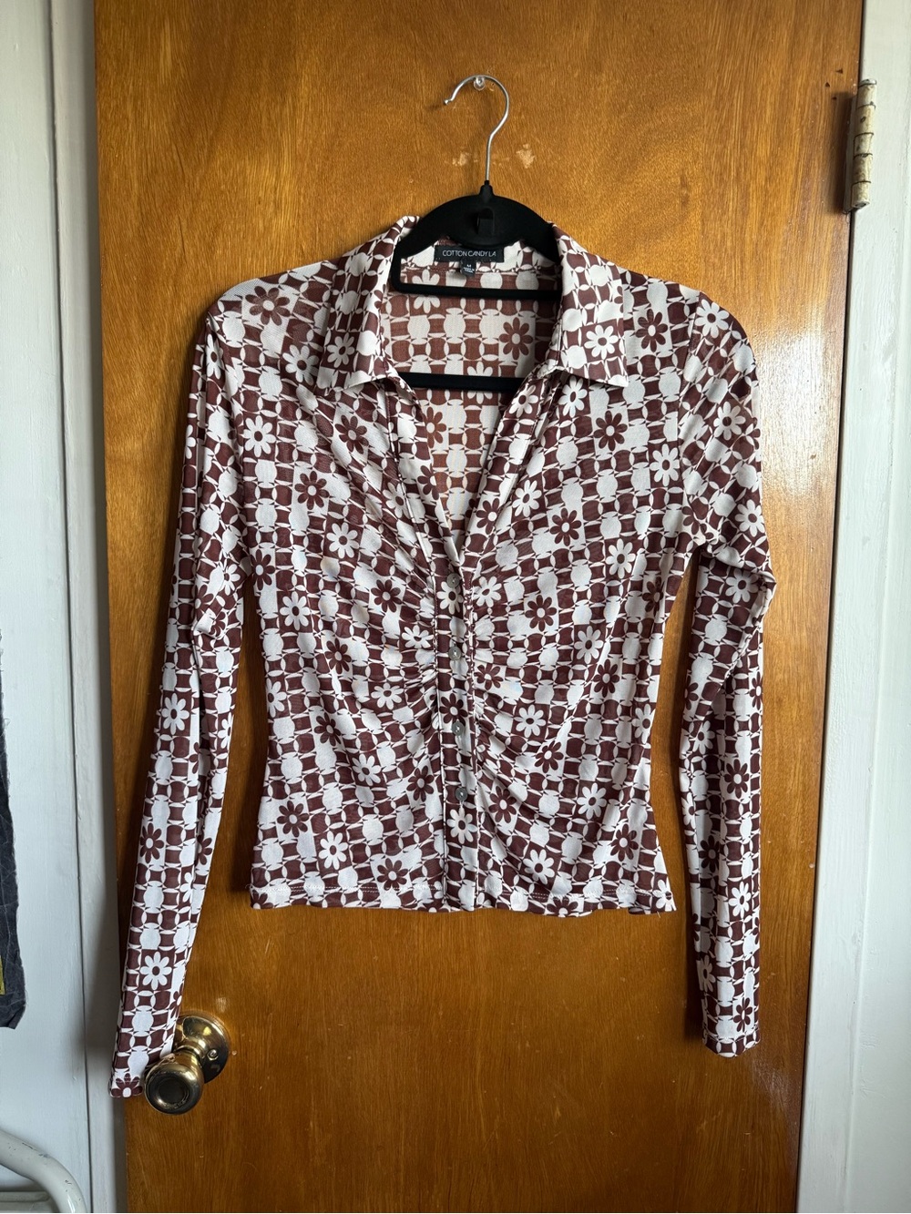 Cotton Candy - White and Brown Floral Geometric Ruched Button-Down Shirt